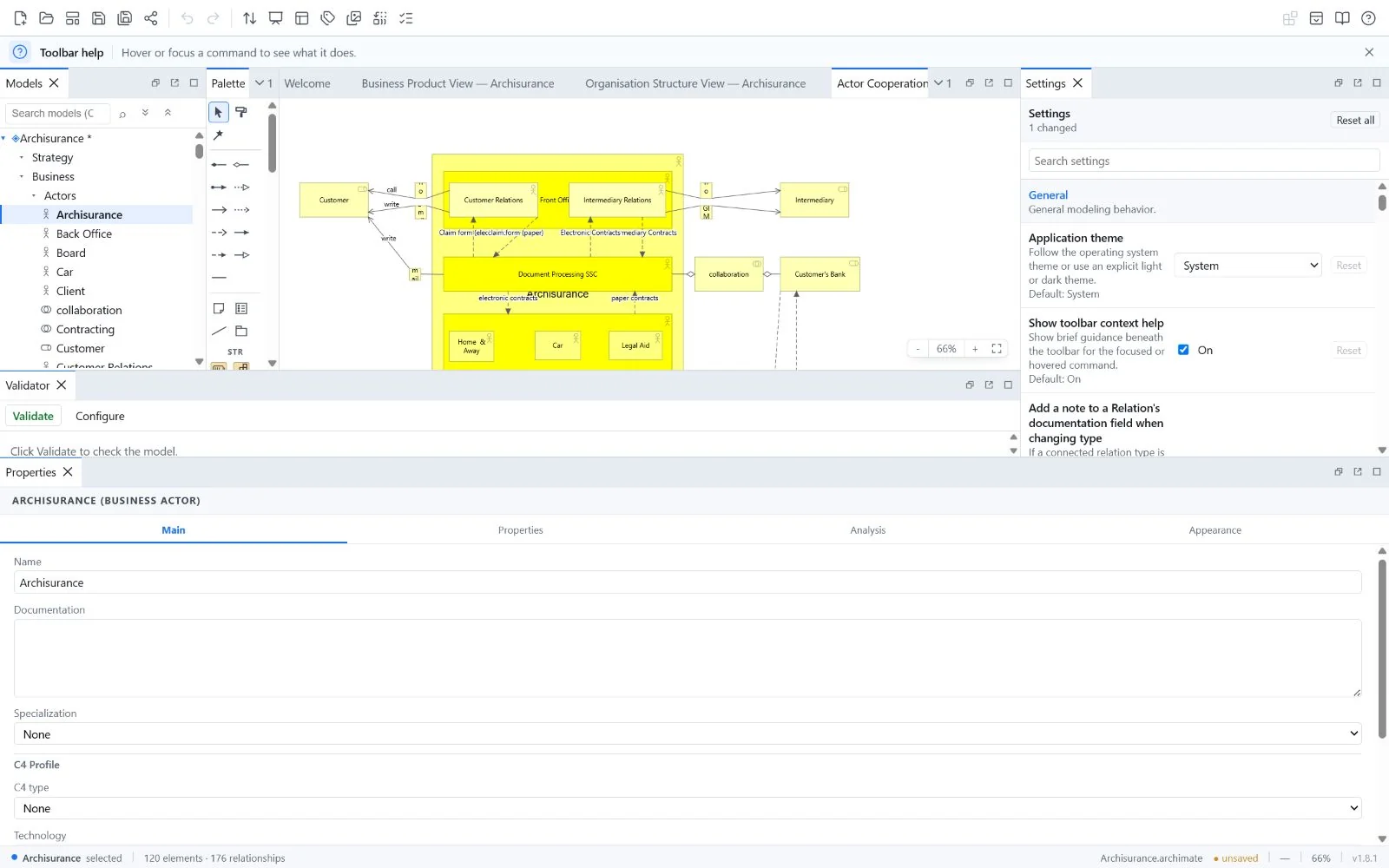 Archi Online editor displaying the Archisurance ArchiMate model, model tree, palette, and properties panel
